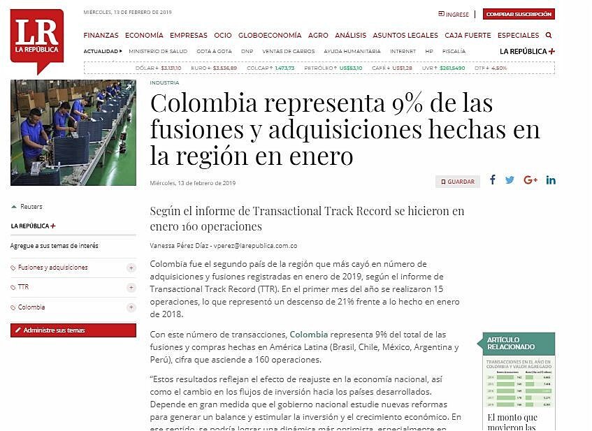 Colombia representa 9% de las fusiones y adquisiciones hechas en la regin en enero